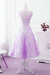 Lavender Lace Tea Length Wedding Party Dress, Vintage Style Homecoming Dress